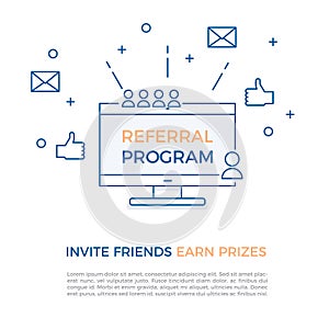 Referral program, affiliate marketing, online business concept. Invite friends, earn prizes. Vector illustration