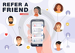 Referral program banner. Hand holding phone with contacts of friends.