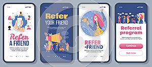Referral program set of onboarding screens with people flat vector illustration.