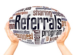 Referrals word cloud hand sphere concept