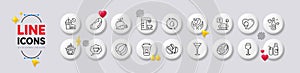 Refill water, Apple carrot and Pecan nut line icons. For web app, printing. White buttons 3d icons. Vector