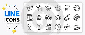 Refill water, Apple carrot and Pecan nut line icons. For web app. Vector