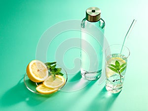 Refillable drinking water bottle on mint green background