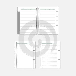 Refillable spiral notebook with tab dividers and filler paper, mockup