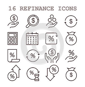 Refinance process icon set. Loan rate reduction to lender agreements