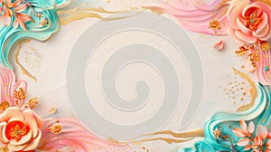 A refined background with a large golden frame on a light beige backdrop, decorated with abstract wave patterns in the corners and