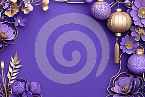 Refined Mid-Autumn Festival design featuring golden lanterns and intricate floral patterns on a rich purple background photo