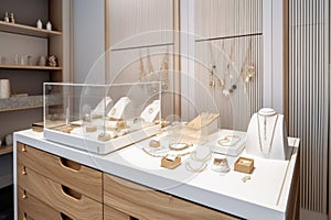 refined and minimalist jewelry display, showcasing delicate necklaces and earrings