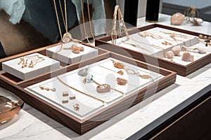 refined and minimalist jewelry display, showcasing delicate necklaces and earrings