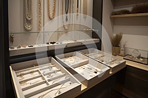 refined and minimalist jewelry display, showcasing delicate necklaces and earrings