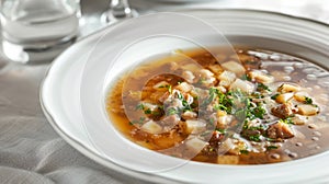 This refined soup presentation features a clear broth teeming with beans and herbs, served in a pristine white bowl