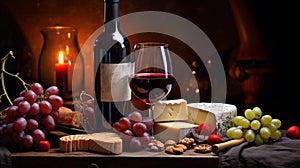Refined still life with red wine, cheese and grapes on a wicker tray on a wooden table on a dark background.