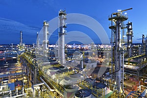 Refinery - chemical factory at night with buildings, pipelines and lighting - industrial plant