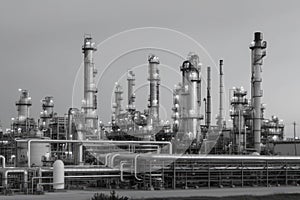 refinery with countless pipes, tanks, and valves to distill and process oil