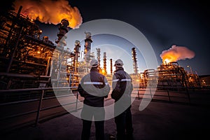 Refinery Industry Experts Collaborating and Innovating at the Frontlines of Oil and Gas Production. created with Generative AI