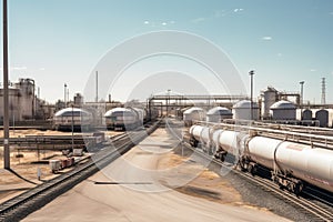 refinery, with lines of trucks and tankers delivering products to the facility