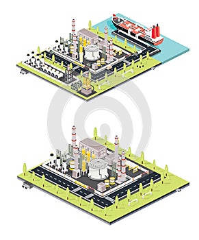 Refinery Plant. Oil Tank Farm. Maritime Port with Oil Tanker Moored at an Oil Storage Silo Terminal