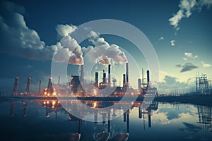 Refinery plant with smokestack at sunrise. Industrial landscape