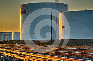 Refinery Tanks at sunset