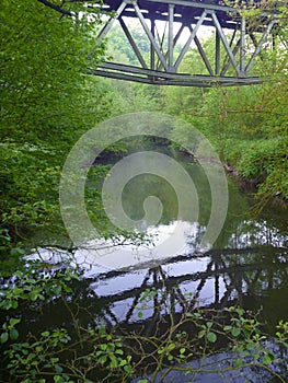 Reflecion of an iron arch bridge in a river