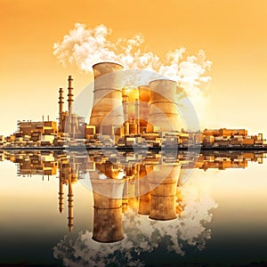 Reflected Might: Nuclear Power Plant Towers Over Water, generative ai