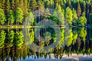Reflecting Forest Lake at Dawn