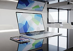 Reflecting its image, set in a modern office environment with