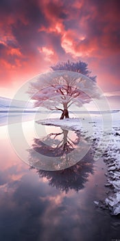 Reflecting Lone Tree In Icy Lake: A Vibrant Fantasy Landscape