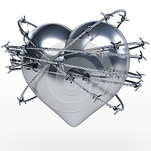 Reflecting steel, metal heart surrounded by shiny barbwire