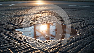 Reflecting sunlight in a puddle on the textured asphalt surface