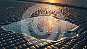 Reflecting sunlight in a puddle on the textured asphalt surface.