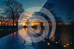 Reflecting Wall of the Vietnam Veterans Memorial at Sunset, A night scene of the Vietnam Veterans Memorial Wall with soft lighting