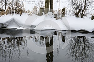 Reflection of an alder tree in river on a winter`s day