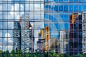 Reflection of architecture on modern office building, A glass wall of modern business office