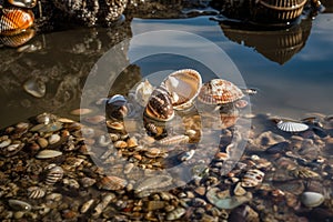 reflection of beachcomber on the water's surface, surrounded by shells and other treasures
