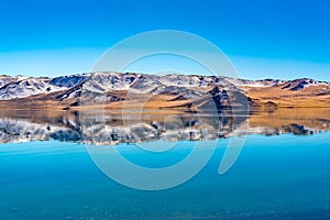 Reflection of the beautiful mountain in autumn on the crystal clear cold water in The Lake Tolbo