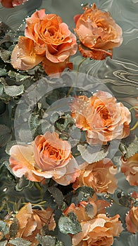 Reflection of beautiful orange roses in water. Floral background.