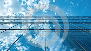 Reflection of blue sky and clouds in glass wall of office building