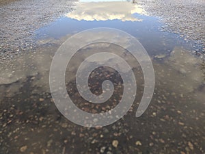reflection of blue sky and white clouds in a puddle.