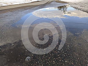 reflection of blue sky and white clouds in a puddle.