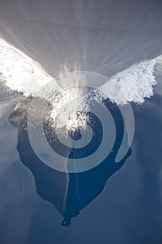 Reflection of boat bow in water
