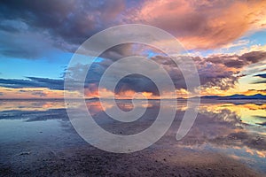 Reflection Bonneville Salt Flats at sunset