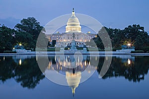 Reflection of Capital Building at twilight