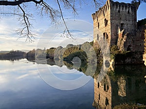 Reflection of a castle in the lake at sunset in the gulf