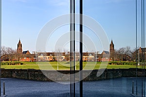 Church reflection in building