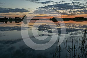 Reflection of clouds in the water of a calm lake after sunset