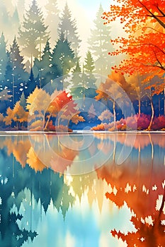 a reflection of the colorful autumn trees in the crystal clear water mirror like surface generative ai
