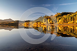 Reflection of colorful autumn trees on water level