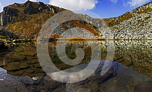 reflection from colorful mountains in a clear mountain lake panorama