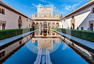 Reflection of Comares Tower in Patio de los Arrayanes, Granada